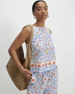 Petite Blue Print Linen Blend Tank Top