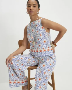 Petite Blue Print Linen Blend Tank Top