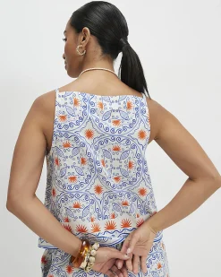 Petite Blue Print Linen Blend Tank Top