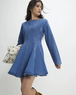 Petite Blue Seamed Denim Mini Dress