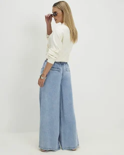 Petite Blue Wide Leg Pyjama Style Jeans