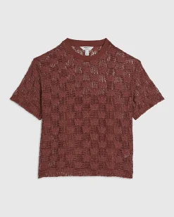 Petite Brown Crochet Lace Top