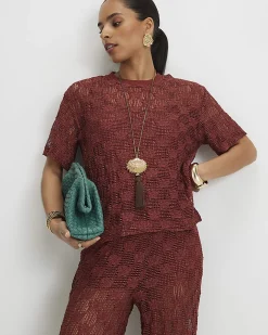 Petite Brown Crochet Lace Top