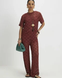 Petite Brown Crochet Lace Trousers