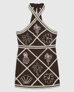 Petite Brown Embroidered Halter Mini Dress