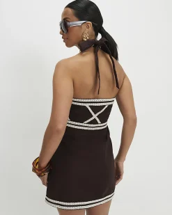 Petite Brown Embroidered Halter Mini Dress