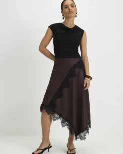 Petite Brown Lace Hybrid Drape Midi Dress