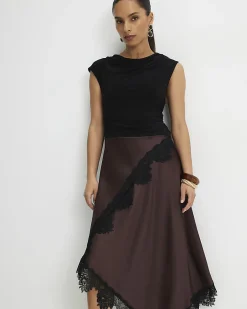 Petite Brown Lace Hybrid Drape Midi Dress