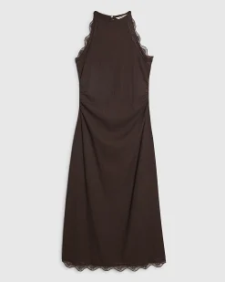 Petite Brown Lace Trim Textured Dress