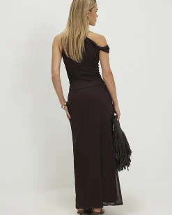 Petite Brown Mesh Floral Print Maxi Skirt