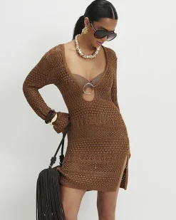 Petite Brown Metallic Knit Mini Beach Dress