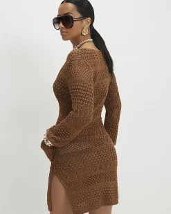 Petite Brown Metallic Knit Mini Beach Dress