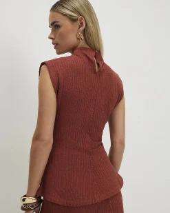 Petite Brown Textured Grown On Neck Top