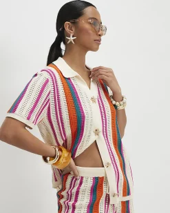 Petite Cotton Cream Striped Crochet Shirt