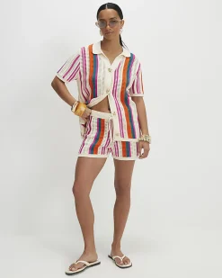 Petite Cotton Cream Striped Crochet Shirt
