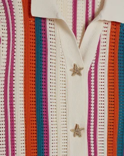 Petite Cotton Cream Striped Crochet Shirt