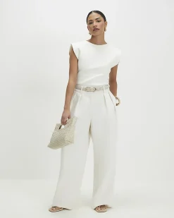 Petite Cream Belted Wide Leg Trousers