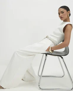 Petite Cream Belted Wide Leg Trousers