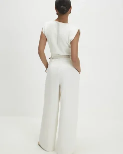 Petite Cream Belted Wide Leg Trousers