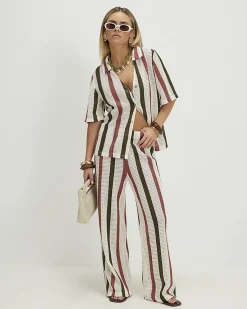 Petite Cream Crochet Stripe Wide Leg Trousers
