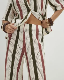 Petite Cream Crochet Stripe Wide Leg Trousers