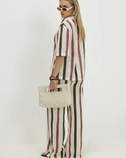 Petite Cream Crochet Stripe Wide Leg Trousers