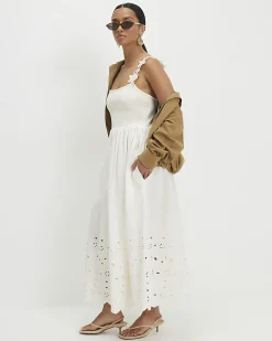 Petite Cream Poplin Broderie Hem Midi Dress