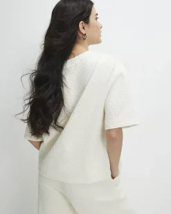 Petite Cream Short Sleeve Jacquard T-shirt