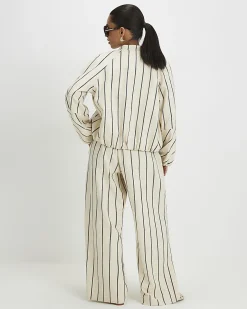 Petite Cream Stripe Wide Leg Trousers