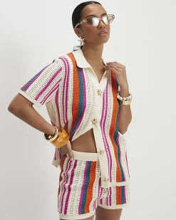 Petite Cream Striped Crochet Shorts