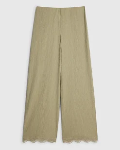 Petite Green Lace Trim Textured Wide Trousers