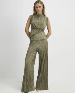 Petite Green Plisse Wide Leg Trousers