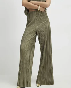Petite Green Plisse Wide Leg Trousers
