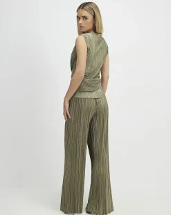 Petite Green Plisse Wide Leg Trousers