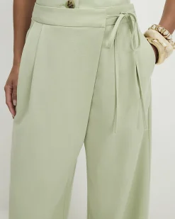 Petite Green Wrap Detail Wide Leg Trousers