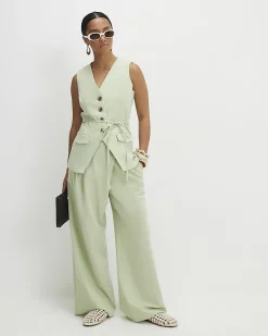Petite Green Wrap Detail Wide Leg Trousers