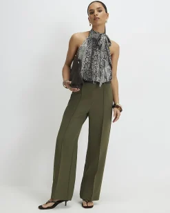 Petite Khaki Belted Straight Leg Trousers