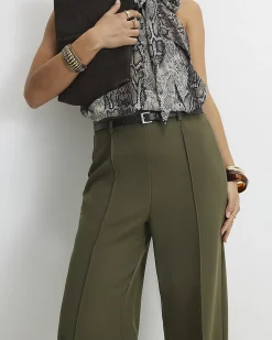 Petite Khaki Belted Straight Leg Trousers