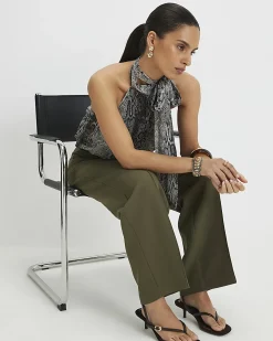 Petite Khaki Belted Straight Leg Trousers