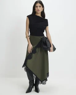 Petite Khaki Lace Hybrid Drape Maxi Dress