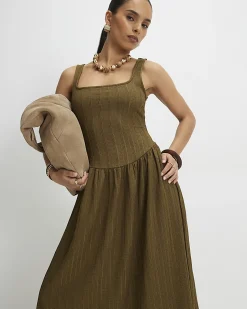 Petite Khaki Textured Midi Dress