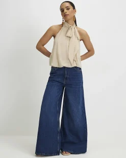 Petite Navy High Waisted Soft Wide Leg Jeans
