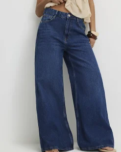 Petite Navy High Waisted Soft Wide Leg Jeans