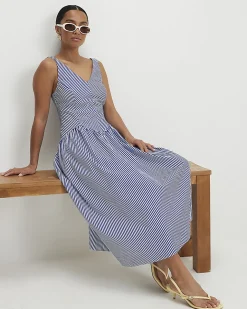 Petite Navy V Neck Stripe Midi Dress