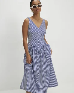 Petite Navy V Neck Stripe Midi Dress