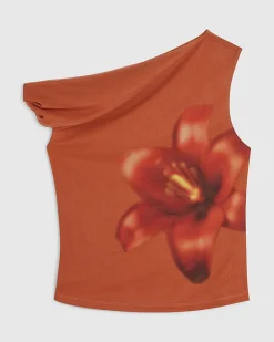 Petite Orange Mesh Floral Print Top