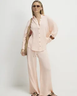 Petite Pink Crinkle Long Sleeve Beach Shirt
