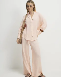 Petite Pink Crinkle Wide Leg Trousers