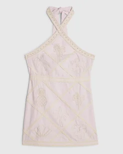 Petite Pink Embroidered Halter Mini Dress