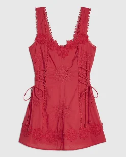Petite Red Crochet Embroidered Mini Dress